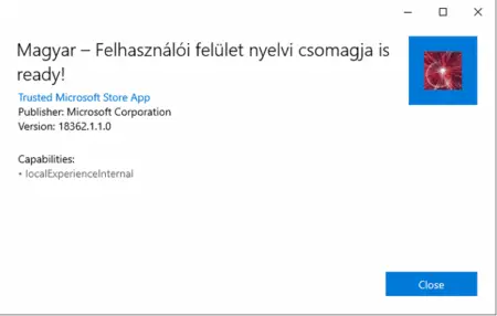 A software window indicating that a Hungarian language pack (magyar – felhasználói felület nyelvi csomagja) for Windows 10 is ready, with