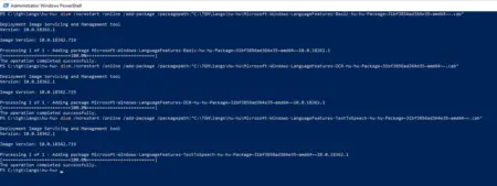 A screenshot of a Windows 10 PowerShell interface showing multiple lines of code related to the installation and handling of Windows 10 Language Packs, indicating successful configuration updates.