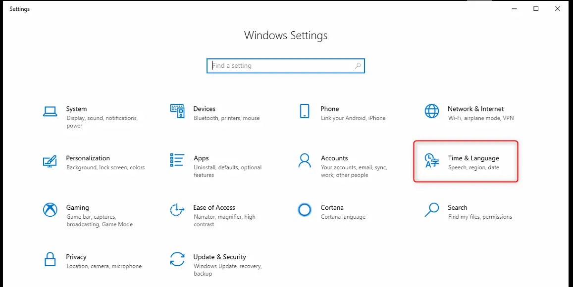 Screenshot of the Windows 10 settings menu with various categories listed on the left side. "Time & Language" is highlighted, focusing on speech, region, and date settings.