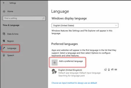 Screenshot of the Windows 10 display language settings menu, highlighting the option to add a preferred language with a red rectangle around the "+" icon.