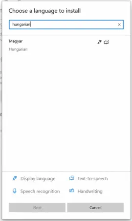 Screenshot of a Windows 10 software installation window titled "choose a language to install" with a search bar containing the text "hungarian" and options below including Hungarian with features for display language, text