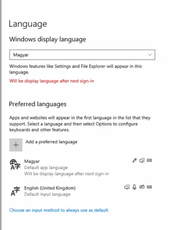 A screenshot of language settings on a computer displaying options for adding and changing Windows 10 language packs, with English (United Kingdom) set as the default input language.