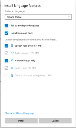 Screenshot of a Windows 10 software installation window with options to install various language pack features for Italian, including speech recognition and optical character recognition. A list of features with checkboxes is displayed, and buttons for