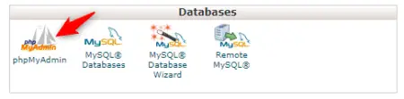 A computer interface screen displaying database management options with an arrow pointing to the "myPHP" icon among other mysql database options.