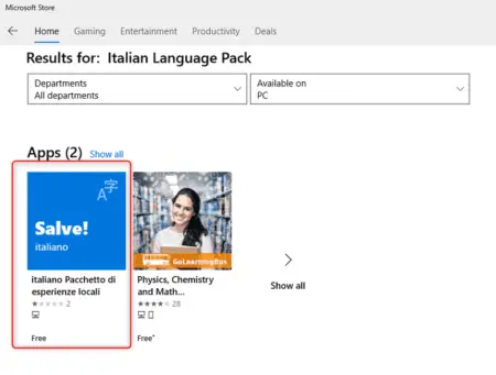Screenshot of the Windows 10 Microsoft Store webpage displaying a selection of educational apps, including "italiano salve!" highlighted with a smiling woman's image on the app's tile.
