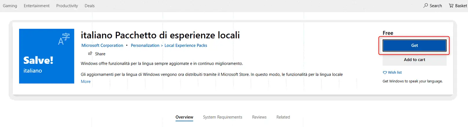Screenshot of an online store page featuring “Italiano Language Pack” by Microsoft Corporation for Windows 10. Highlighted is a "get" button, indicating the software is free.