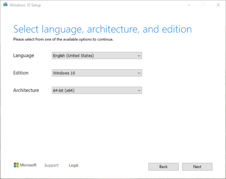 Screenshot of the Windows upgrade setup interface displaying options for language (English (United States)) and architecture (64-bit) with buttons for support, legal, back, and next.