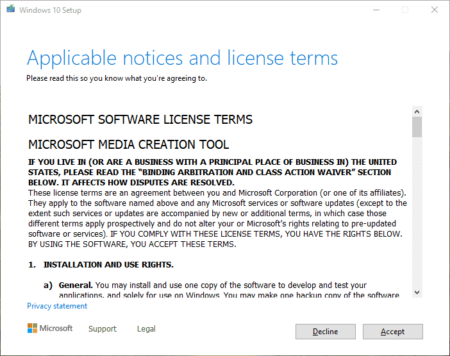 Screenshot of the Windows 10 software license terms for the media creation tool, with options to decline or accept at the bottom.
