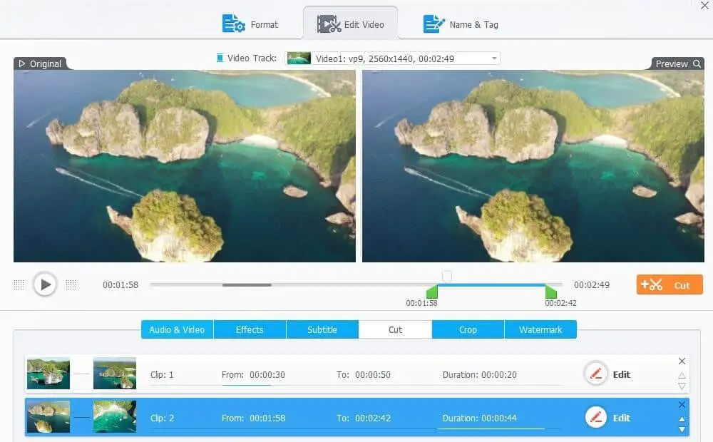 Screenshot of a videoproc video editing software interface with two views of a tropical island from above. Tools for cropping, subtitles, and effects are visible on the screen.