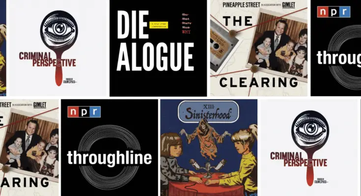 A collage of various podcast cover art, each featuring different designs and titles such as "criminal perspective," "diealogue," "the clearing," and "throughline," in a visually striking array.