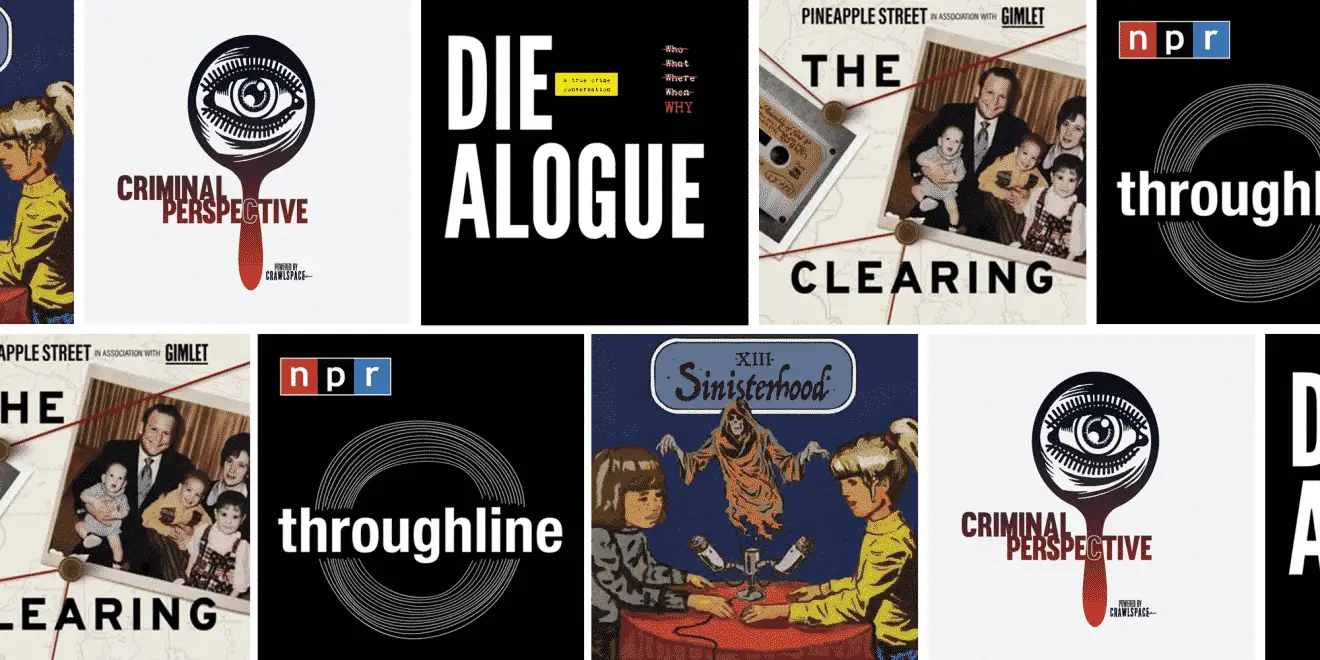 A collage of various podcast cover art, each featuring different designs and titles such as "criminal perspective," "diealogue," "the clearing," and "throughline," in a visually striking array.