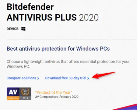 Screenshot of BitDefender Antivirus Plus 2020 webpage highlighting a free 30-day trial download option, with a red arrow pointing at the download link.