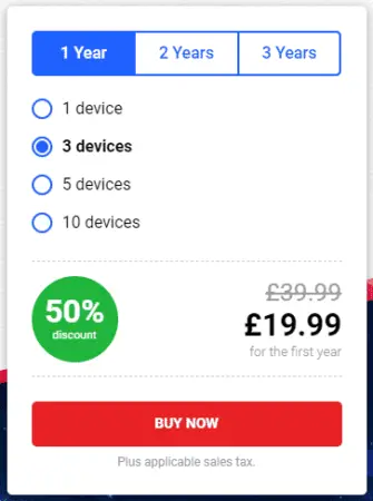 Screen capture of a BitDefender digital subscription plan offer showing options for 1, 2, or 3 years and 1, 5, or 10 devices. Highlighted is a