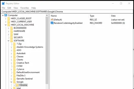 A screenshot of the registry editor on a windows computer, displaying the navigation tree on the left with the path expanded to "hkey_local_machinesoftwaregooglesnap" and various registry keys listed