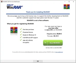 Screenshot of WinZip first use notification window, featuring a promotional message encouraging the purchase of WinZip with a list of features and prices, alongside colorful icons of file folders.