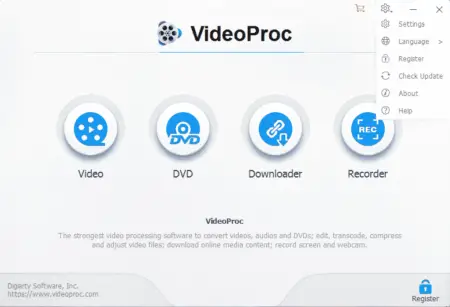 Screenshot of the VideoProc software interface showing icons for video, DVD, downloader, and recorder with a description of the software’s features below.