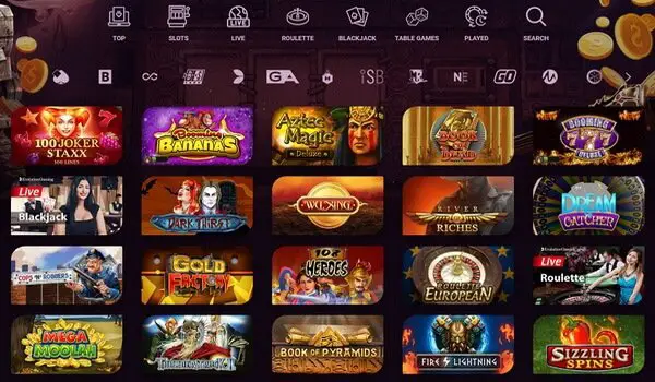 A colorful online casino business interface showcasing a variety of game categories including slots, roulette, and blackjack, with vibrant game thumbnails and live dealer options displayed.