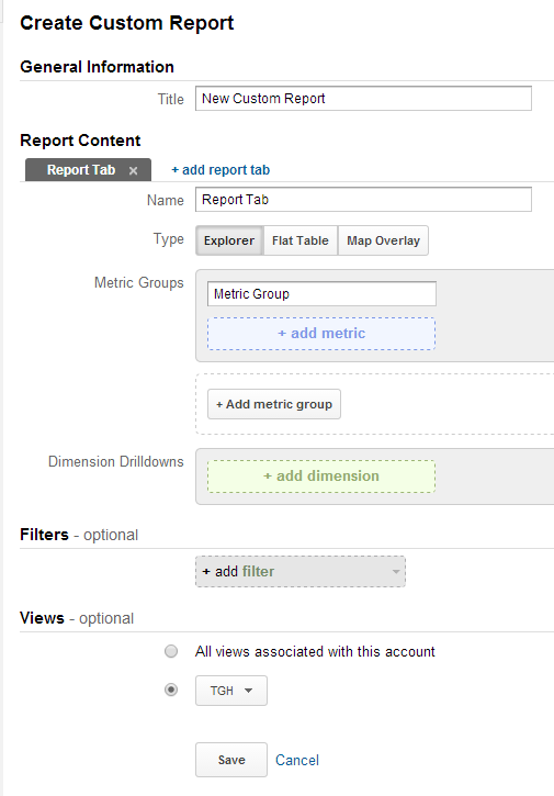 3 The custom report builder screen in Google Analytics