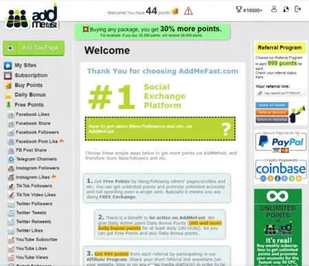 Screenshot of the addmefast website homepage, featuring promotional banners, a welcome message, service menu for social media engagement to make money fast, a user stats panel, and options for purchasing points.