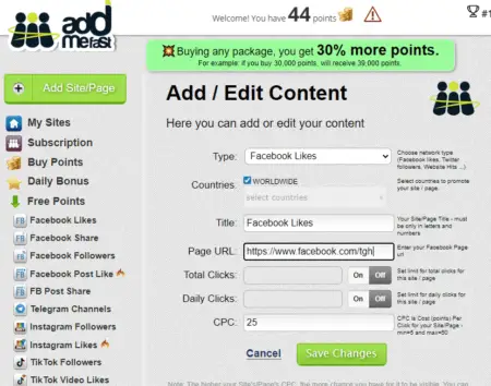 A screenshot of a webpage from "addmefast" featuring a green and orange interface. The page, titled "Make Money Online Fast," is displaying options for buying points and promoting social media pages