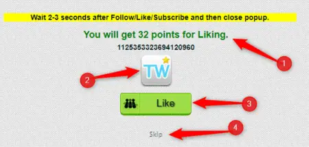 A diagram showing steps to interact with a social media interface: step 1 points to text about waiting, step 2 to a Twitter logo, step 3 to a "like" button, and