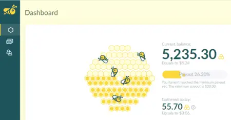 A digital dashboard depicting a honeycomb structure with bees, displaying financial data including current balance, payout percentage, and earnings from gathered honey to make money from home.