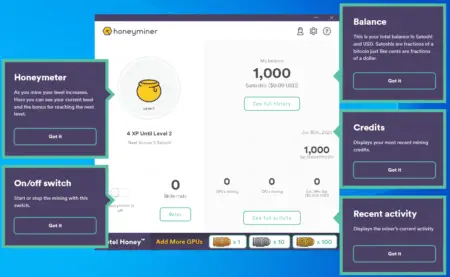 Screenshot of the honeyminer software interface showcasing user balance, mining levels, on/off switch to start or stop mining, and a display of recent mining activity to make money online from home.