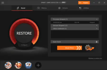 Screenshot of the smart game booster software interface featuring a large red "restore" button in the center, and various system optimization options for enhancing game performance.