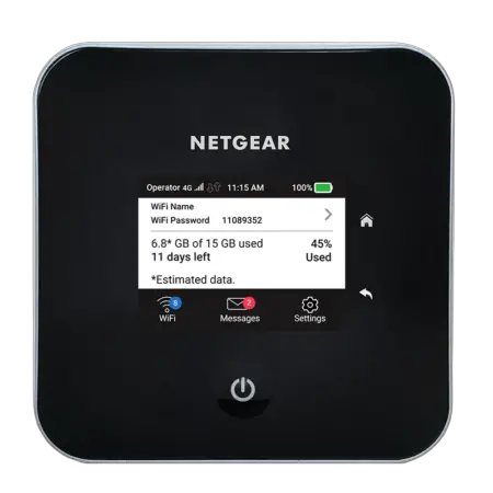 A Netgear Nighthawk 4G LTE mobile hotspot device displaying Wi-Fi name, password, and remaining data. The screen shows battery status, network connectivity, and settings icon.