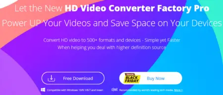 Promotional graphic for hd video converter factory pro, featuring a vibrant design with buttons for "free download" and "buy now", and text offering video conversion and space-saving solutions optimized for aerobic exercise videos