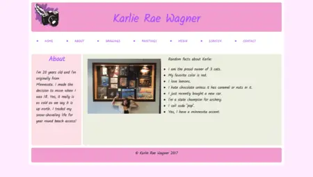 Screenshot of Karlie Rae Wagner's personal website featuring a light pink and lavender color scheme. The main page displays an about section, her photo lying on a bed, thumbnails of her artwork, and a