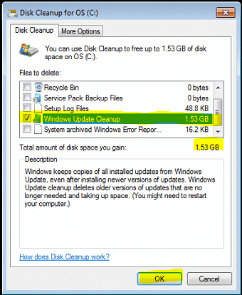 Screenshot of the disk cleanup utility window on a computer, showing various file types selected for deletion to free up disk space on the C: drive, including options to clear the WinSXS folder on Windows