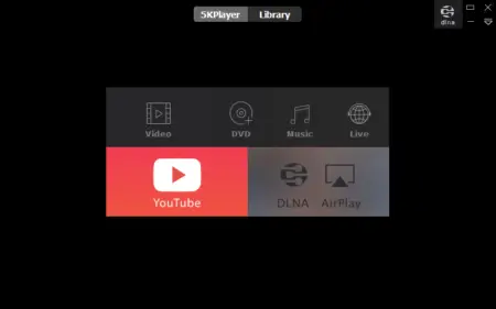 Screenshot of the 5kplayer interface featuring options for videos, DVDs, music, live content, YouTube, DLNA, and AirPlay. The YouTube icon is highlighted in red.