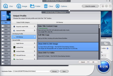 Screenshot of WinX DVD Ripper Platinum software interface, displaying options for DVD backup with selection menus and settings visible, including target format choices and output folder path.