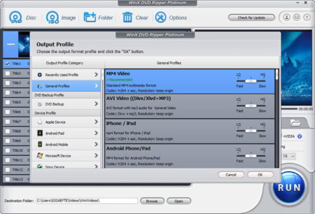 Screenshot of the WinX DVD Ripper Platinum software interface showing various DVD ripping options, including output profile selections and formats like MP4 and AVI.