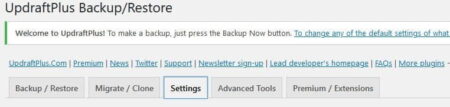 Screenshot of the UpdraftPlus WordPress backup/restore plugin interface with menu options including backup/restore, migrate/clone, settings, and advanced tools, highlighting the "settings" button.