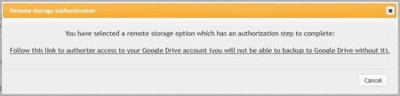 Dialog box titled "remote storage authentication" informing user to complete an authorization step to access their WordPress backup on Google Drive, with a link provided and buttons for "cancel" and "ok".
