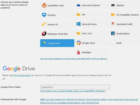 A screenshot showing various cloud storage options including Dropbox, Google Drive, and Microsoft Azure for choosing a remote backup location, with highlighted selection on Google Drive.