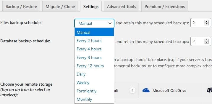 Screenshot of a WordPress software interface showing backup schedule options for files and databases, including dropdown menus with selections for manual, every 2 hours, every 4 hours, etc.