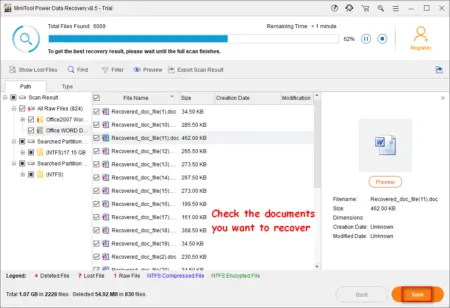 Screenshot of minitool power data recovery software displaying recovered file results with a user highlighting a word document file titled "check the documents you want to recover.docx.