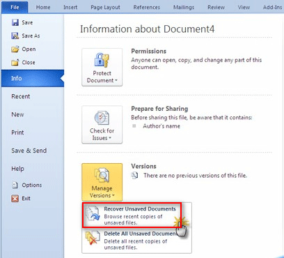 Screenshot of a Microsoft Word document interface showing the "info" tab under "file" with options like "permissions," "prepare for sharing," and "versions." Highlighted is the "manage versions