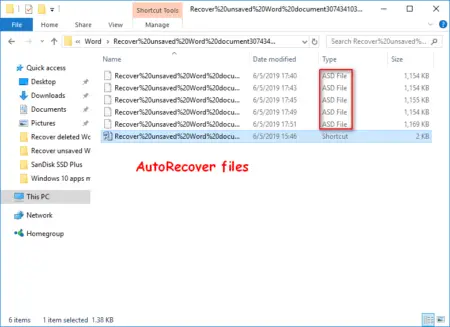 Screenshot of a computer screen showing a folder named "autorecover files" with a list of recovered Word documents, displayed in detail view within Windows File Explorer using Minitool.