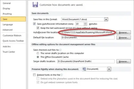 Screenshot of Microsoft Word's "save" options dialog box showing settings for file saving locations and autorecover information highlighted in red boxes, using MiniTool enhancements.