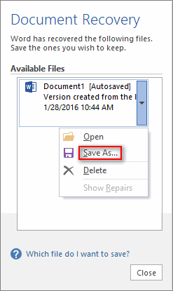 A screenshot of a document recovery window in Minitool Word showing a recovered file with date and time details, options to save as, open, delete, and buttons for help and close.