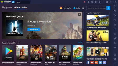 A screenshot of the Bluestacks game center interface showcasing various game titles, including "Lineage" categorized as "featured game," "recommended for you," and "popular in your area," with prominent