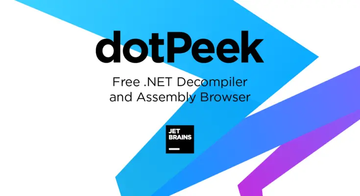 Graphic promoting "dotpeek" by JetBrains, featuring a bold, diagonal design in blue and purple, with text stating "free .NET decompiler and DLL file assembly browser".