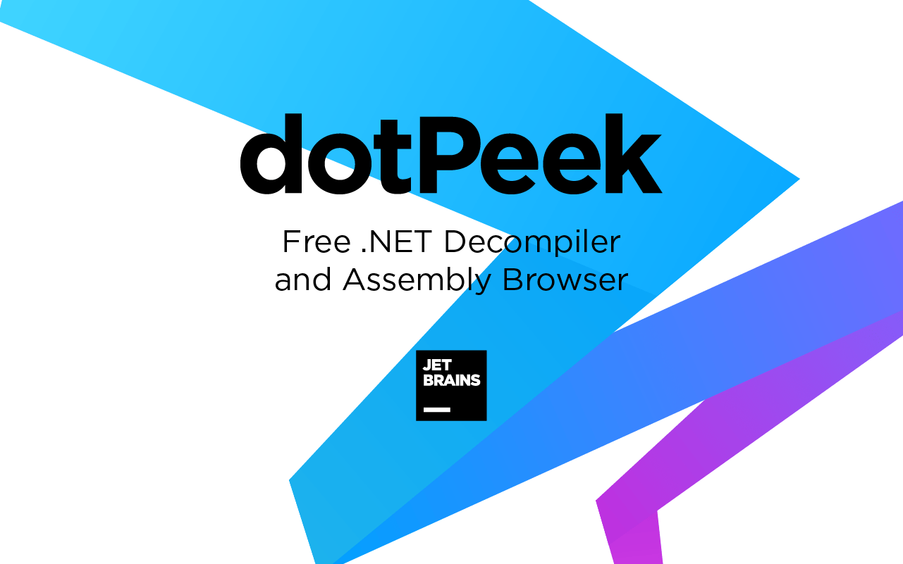Graphic promoting "dotpeek" by JetBrains, featuring a bold, diagonal design in blue and purple, with text stating "free .NET decompiler and DLL file assembly browser".