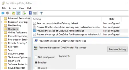 Screenshot of the local group policy editor window showing various policies under "computer configuration" with a focus on "prevent the usage of OneDrive for file storage" policy highlighted.