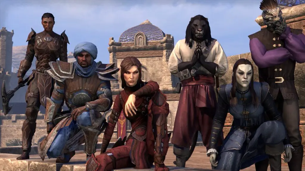 A group of six diverse video game characters from elder scrolls online, including humans and fantastical races, posing in a medieval castle setting. each character is uniquely dressed, suggesting different roles and powers.