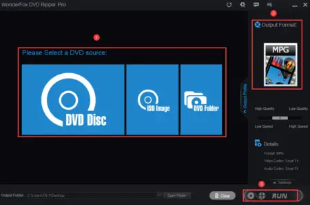 Screenshot of WonderFox DVD Ripper Pro software interface showing options to select a DVD source: DVD disc, ISO image, or DVD folder. The output format selected is MP4 with a small preview image